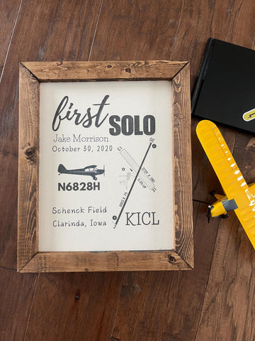 First Solo Flight Pilot Gift 8x10 inch canvas print reclaimed wood tail number, airport, date
