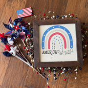 America 𝓽𝓱𝓮 𝓫𝓮𝓪𝓾𝓽𝓲𝓯𝓾𝓵 𝐄𝐒𝐓 𝟏𝟕𝟕𝟔 Rainbow Flag print 9.5x9.5 8 inch Reclaimed Wood canvas print pride gift USA 4th of July