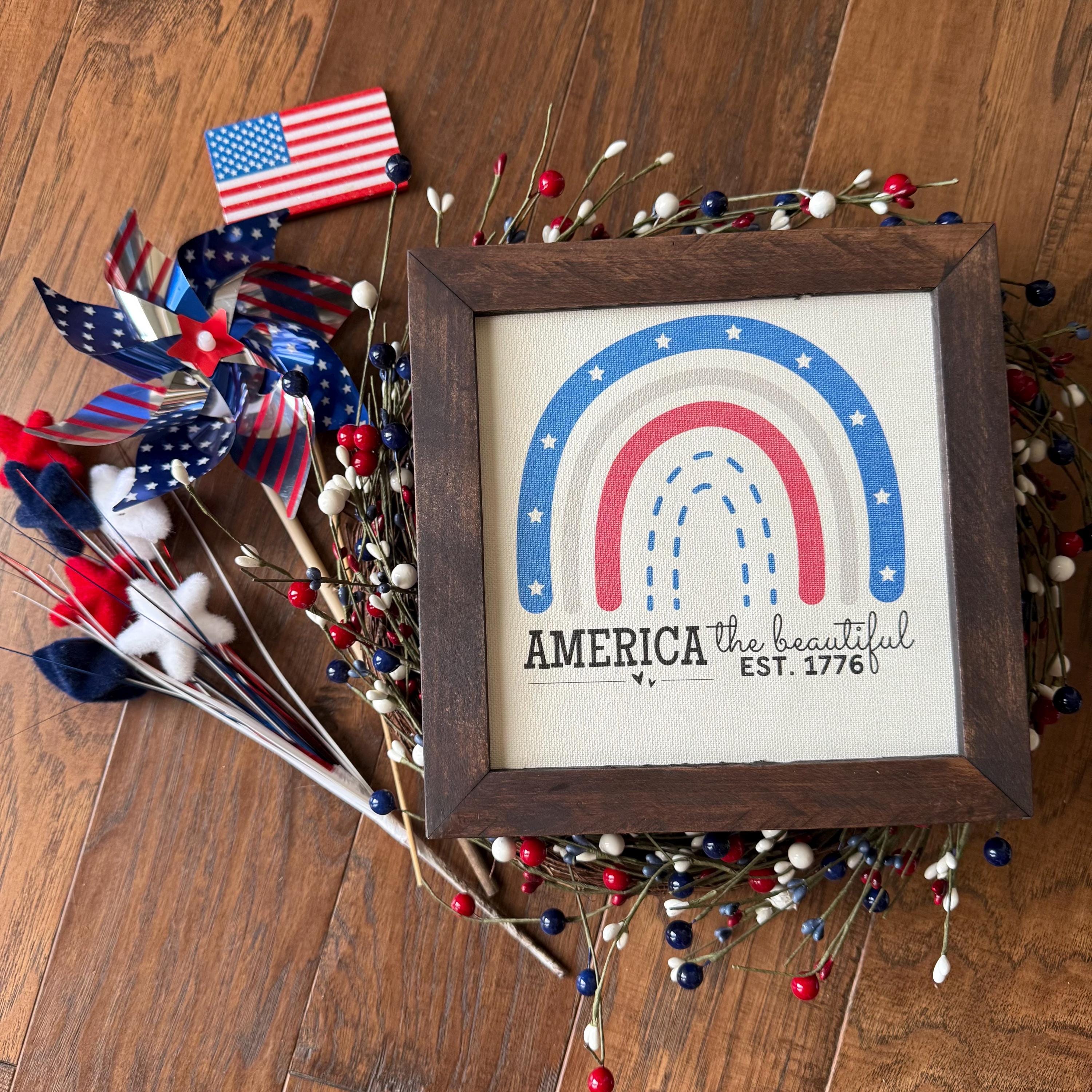 America 𝓽𝓱𝓮 𝓫𝓮𝓪𝓾𝓽𝓲𝓯𝓾𝓵 𝐄𝐒𝐓 𝟏𝟕𝟕𝟔 Rainbow Flag print 9.5x9.5 8 inch Reclaimed Wood canvas print pride gift USA 4th of July