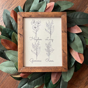 Birth Month Family Flowers Print 11.5x9.5 inch birth stone mother’s ring to 15 names reclaimed wood, canvas Mother’s Day Grandma Garden love