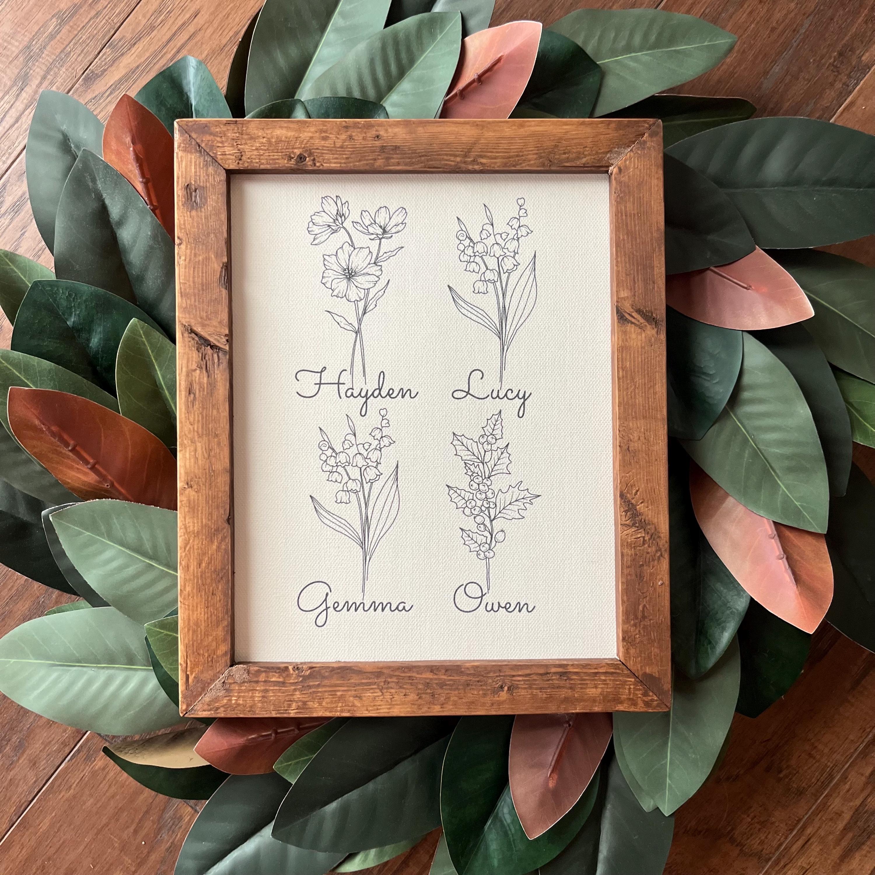 Birth Month Family Flowers Print 11.5x9.5 inch birth stone mother’s ring to 15 names reclaimed wood, canvas Mother’s Day Grandma Garden love