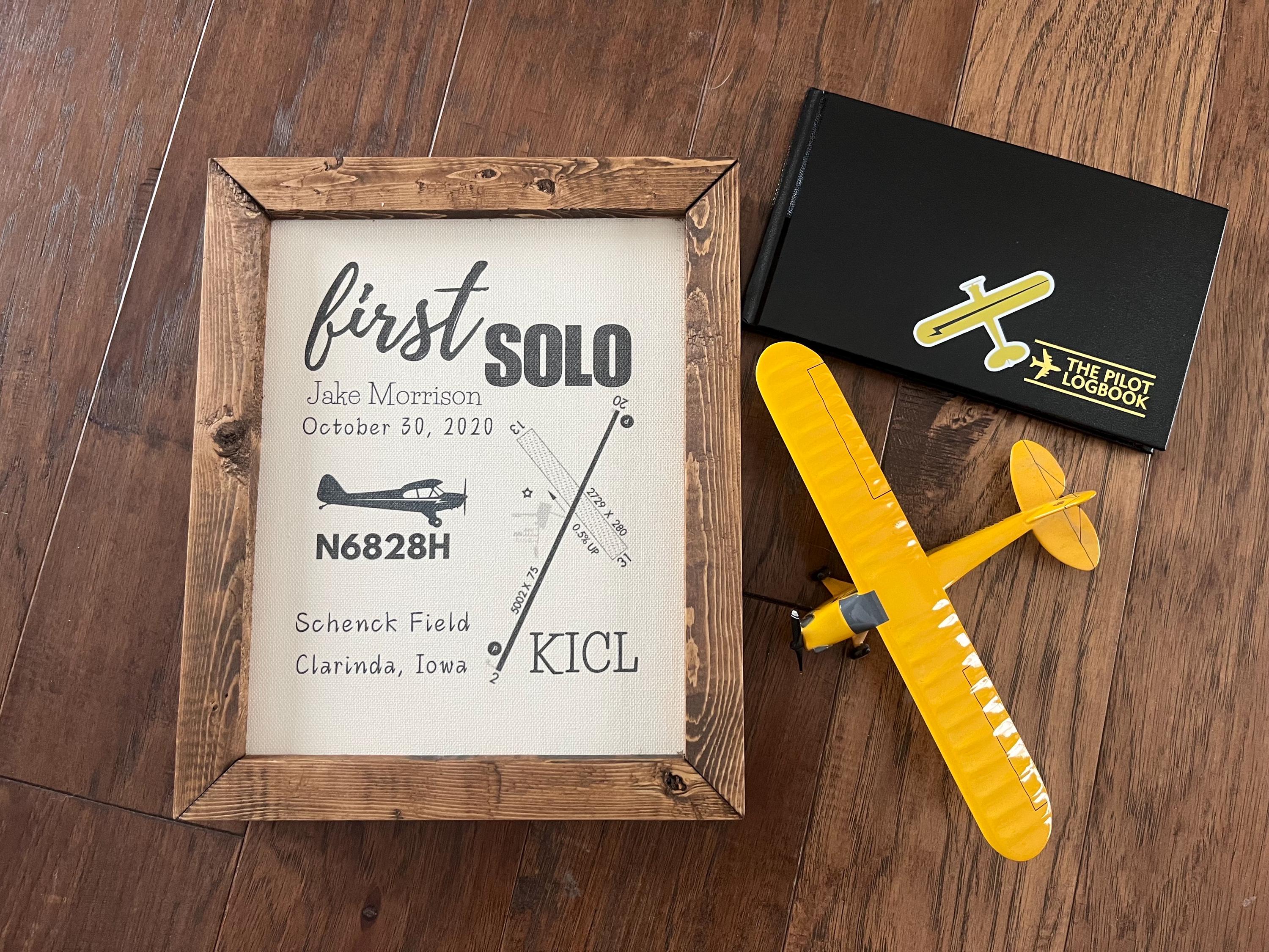 First Solo Flight Pilot Gift 8x10 inch canvas print reclaimed wood tail number, airport, date