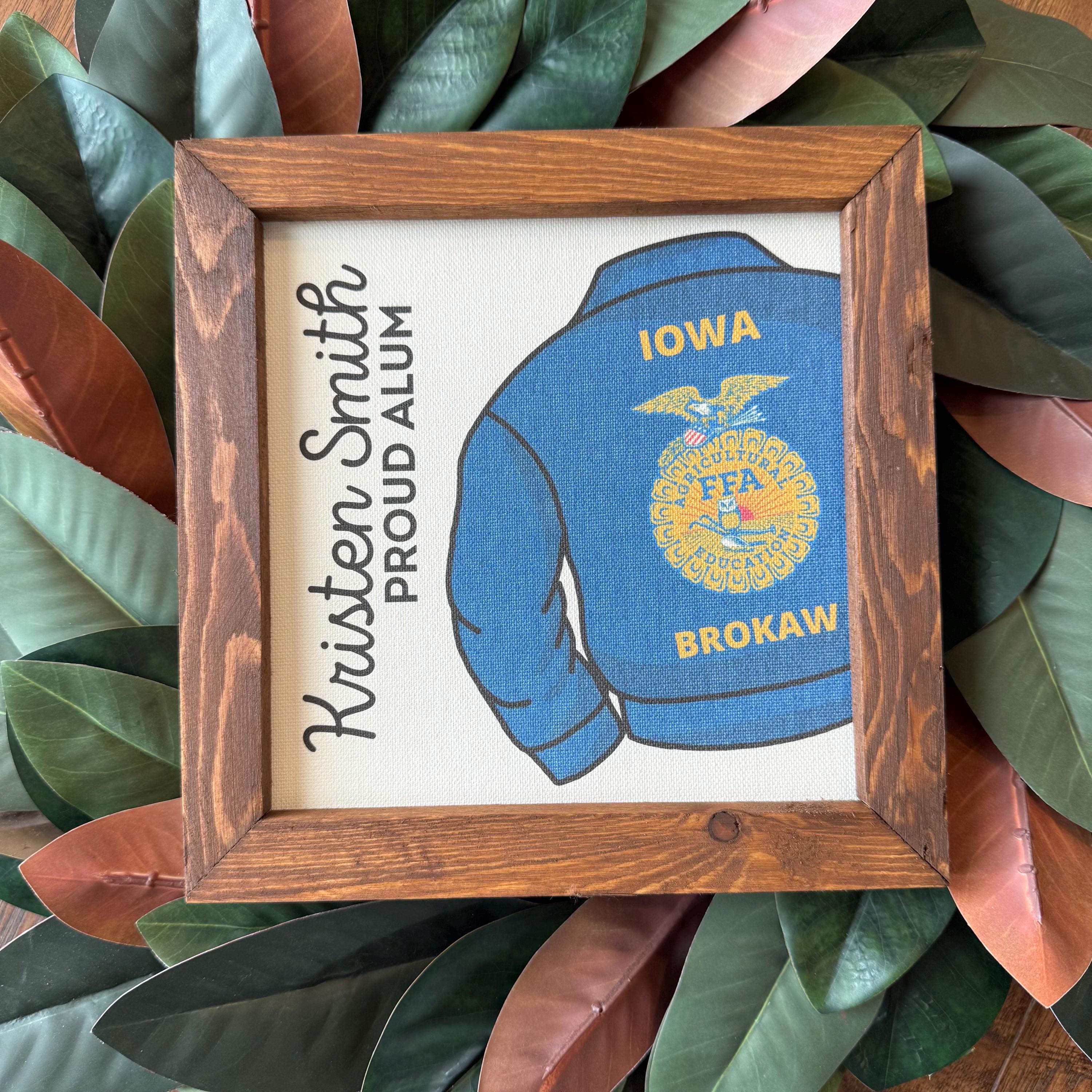 FFA Proud Alum Sign Gift 9.5x9.5 8 inch Reclaimed Wood Frame Blue Jacket Official Dress State Chapter Gift Affinity Licensed