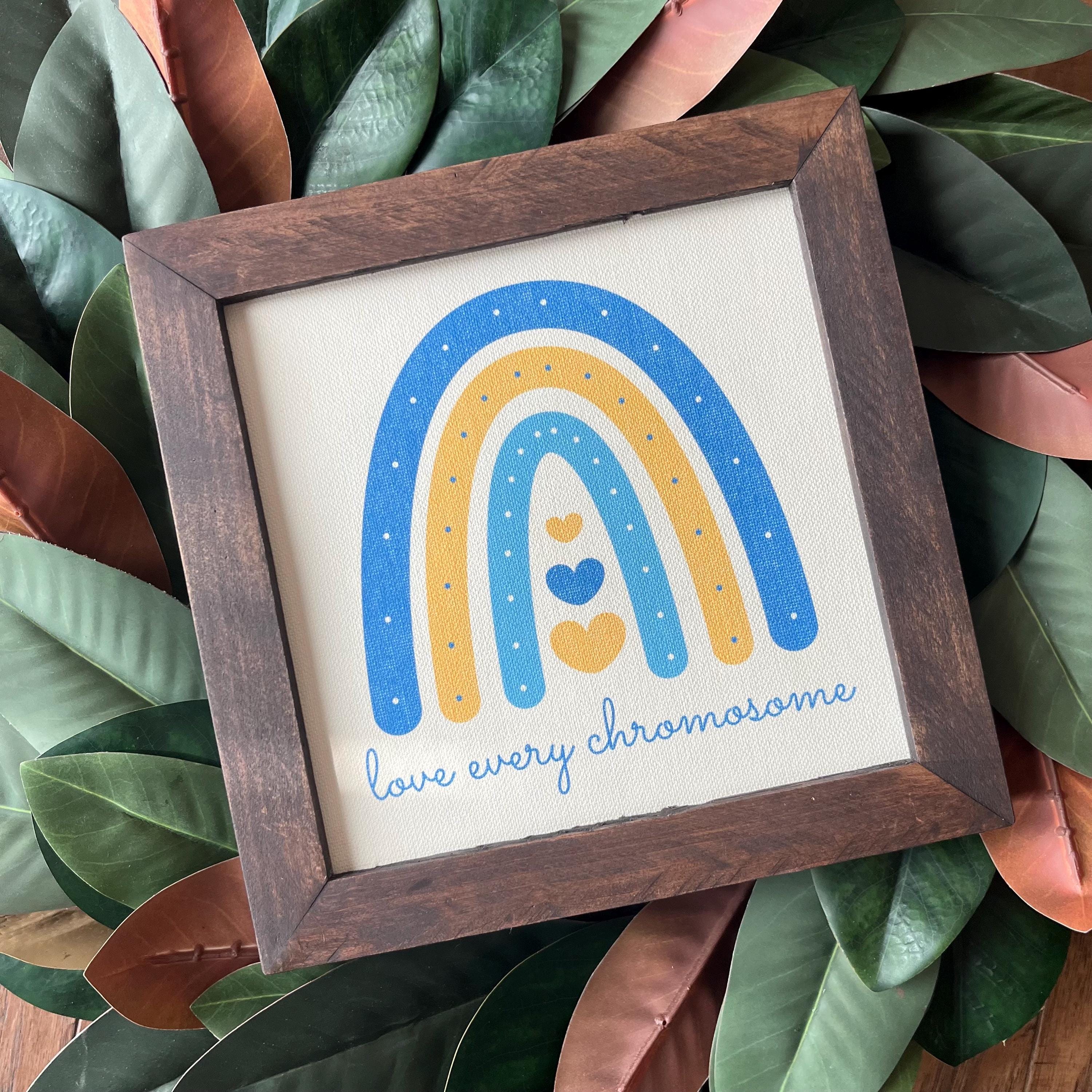 World Down Sydrome Day 9.5x9.5 8 inch reclaimed wood frame, canvas print sign, love every chromosome, 3/21 support, advocate