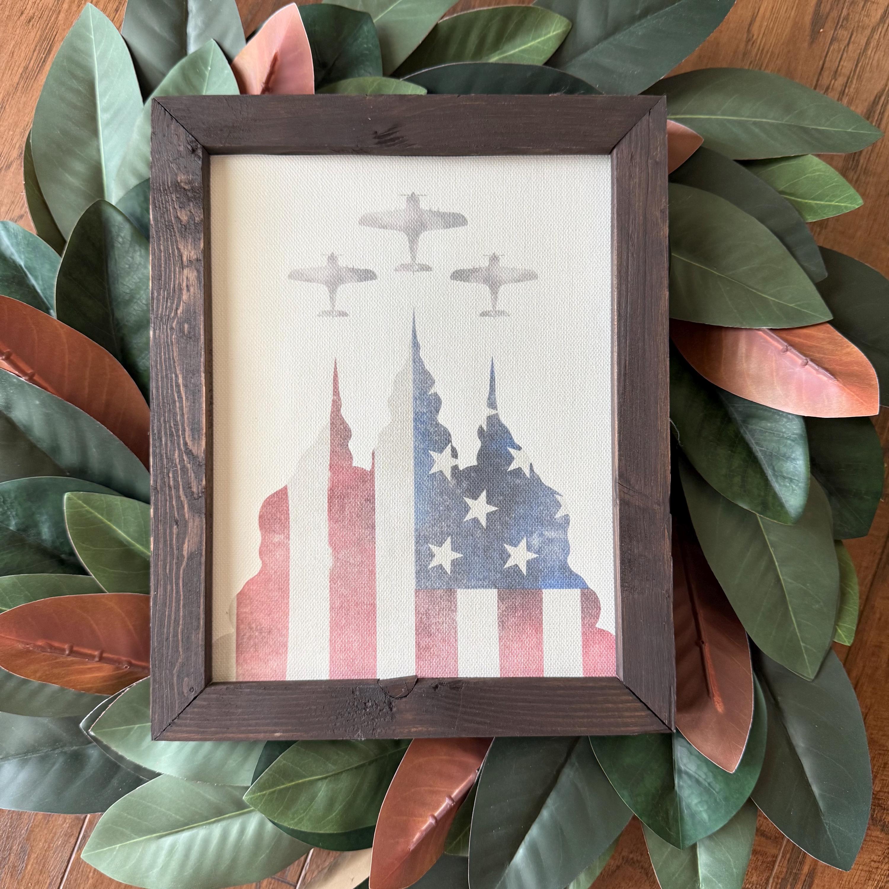 American Flag & Planes 9.5x11.5 8x10 reclaimed wood, canvas print. Can display portrait or landscape USA pride Air Force bombers