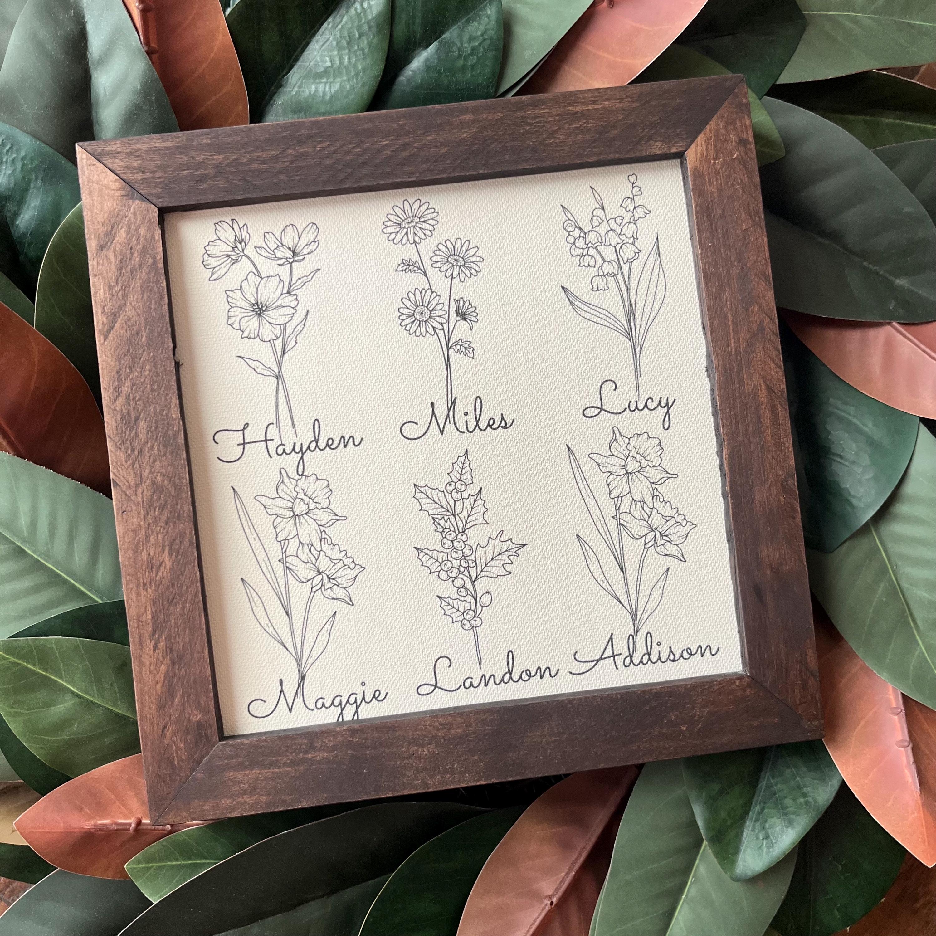 Personalized Birth Month Flower Family Print Custom Names & Dates Mother's Day Gift Grandma Wall Art Reclaimed Wood Frame Canvas 9.5x9.5