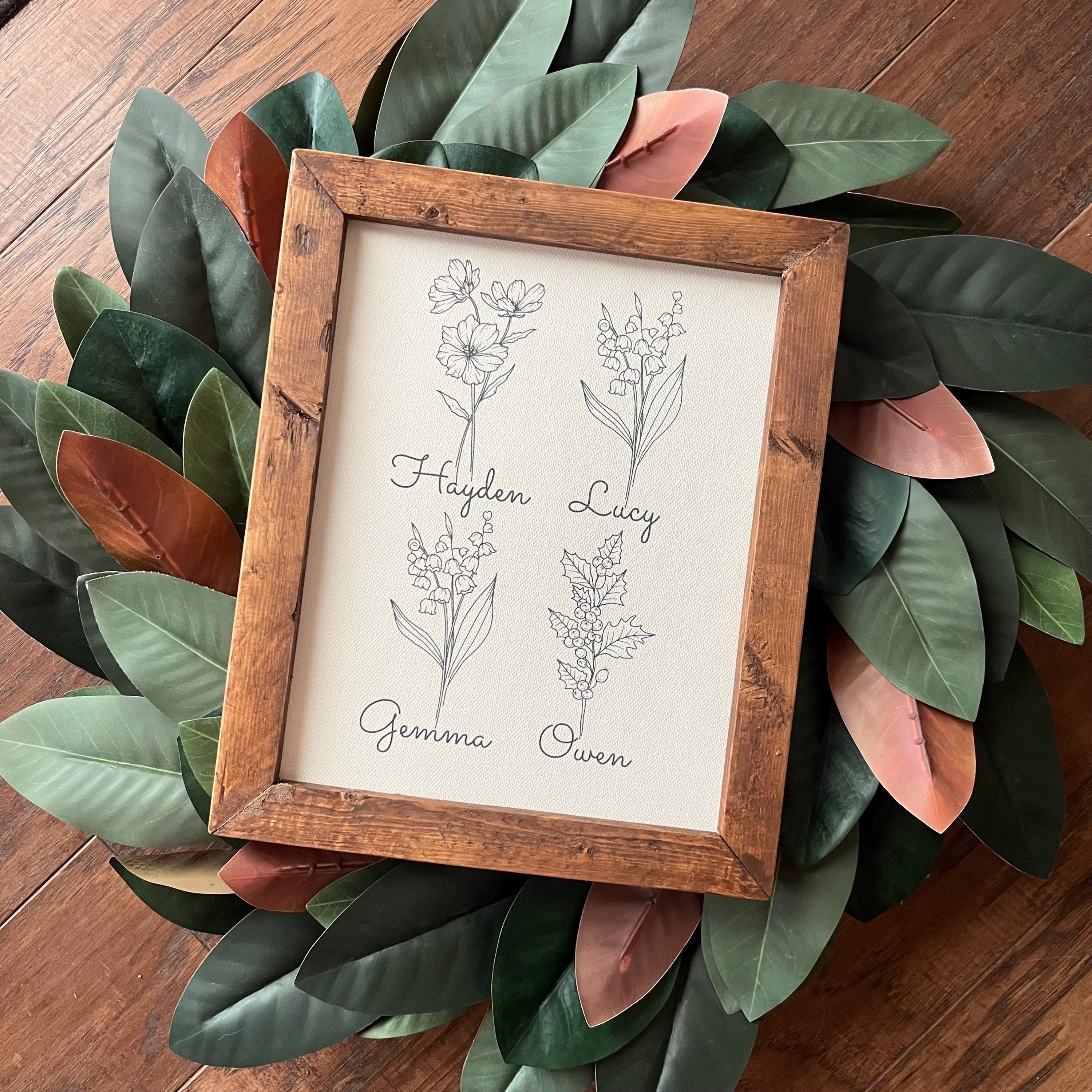 Personalized Birth Month Flower Family Print, Custom Names & Dates Mother's Day Gift Grandma Wall Art  Reclaimed Wood Frame Canvas 11.5x9.5