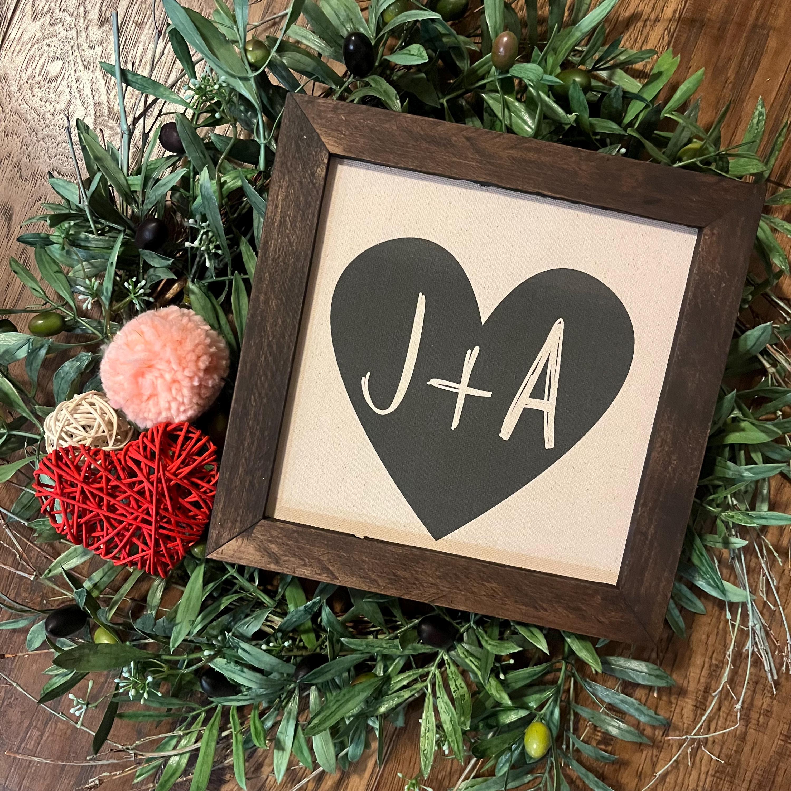Personalized Heart Initials Sign | Wedding | Anniversary | Reclaimed Wood Frame | Custom Canvas Print | 9.5x9.5 8 inch