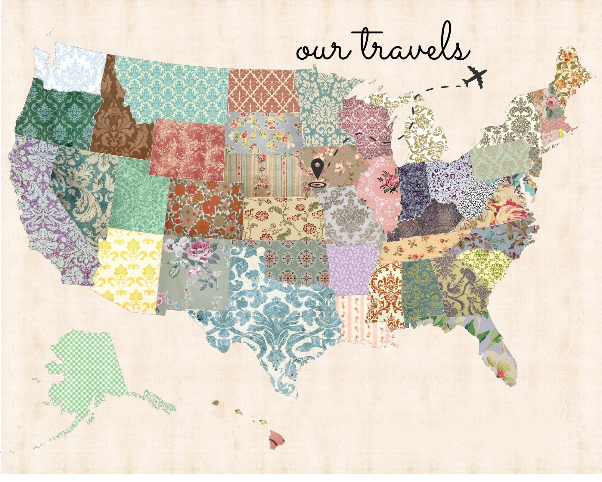 Floral State Tracking Map: Reclaimed Wood Canvas Print