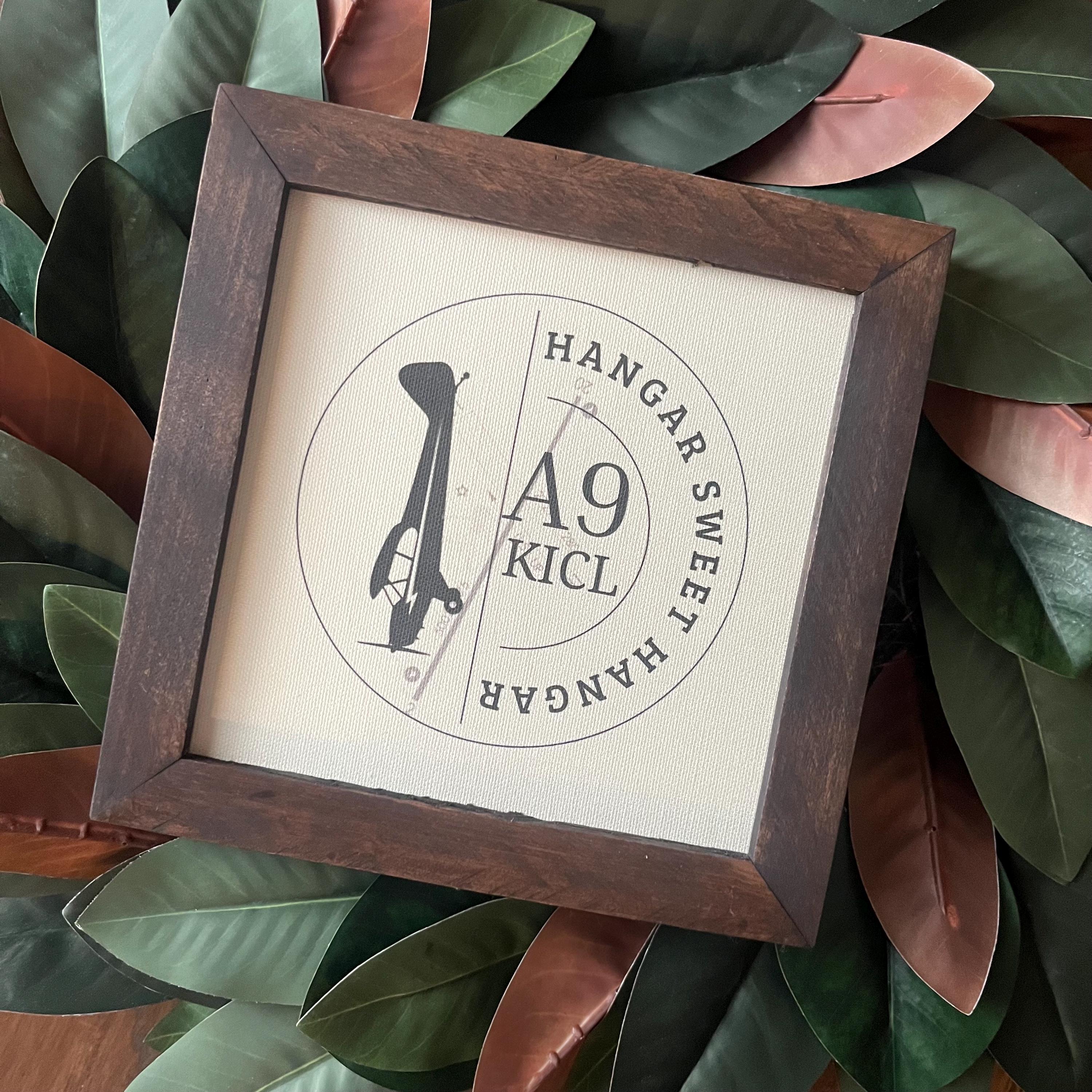 Hangar Sweet Hangar Sign | Reclaimed Wood Canvas Print (9.5x9.5) | Personalized Print | Airport Code | Runway Map | silhouette of plane