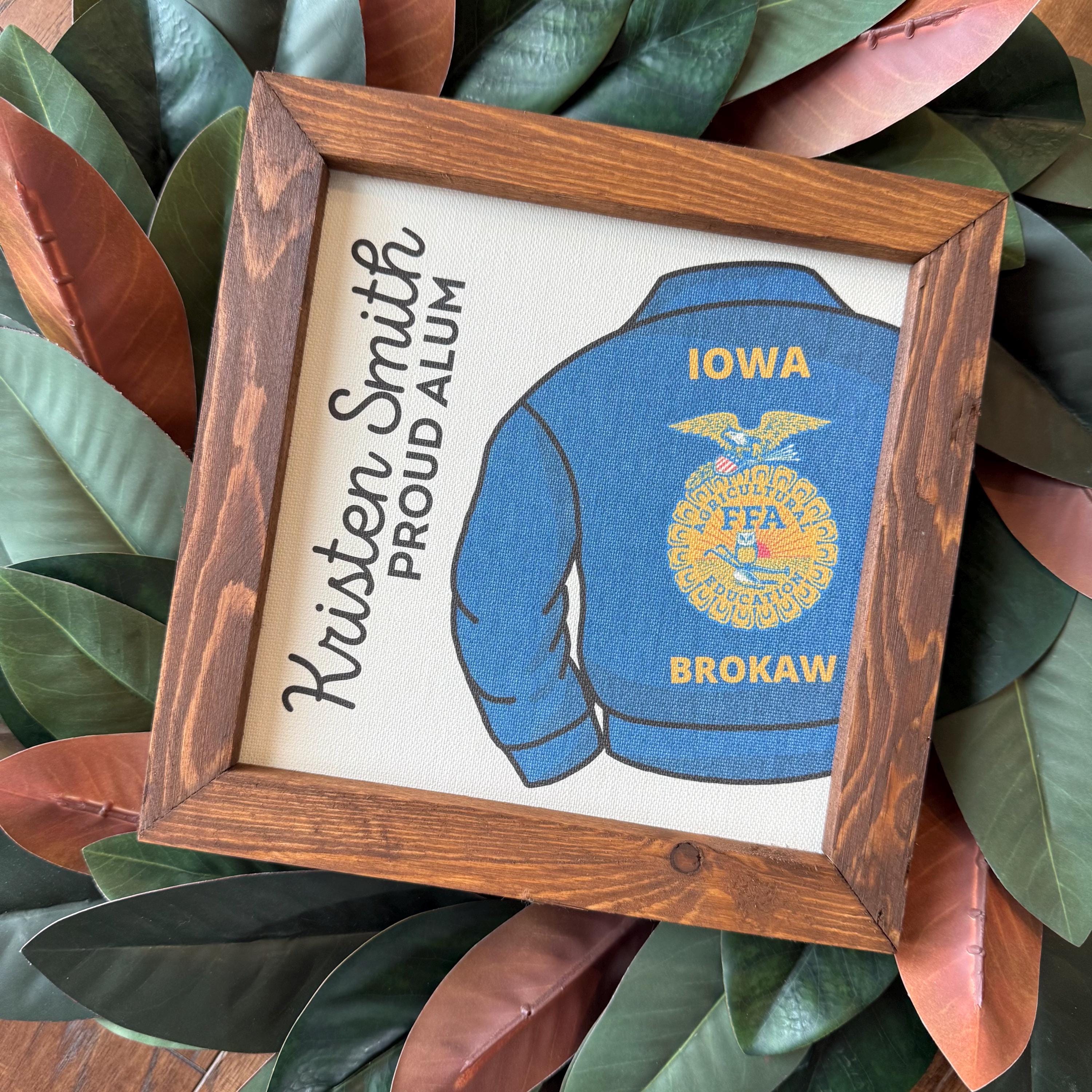FFA Proud Alum Alumni Sign Gift | 9.5x9.5 inch | Reclaimed Wood Frame | Blue Jacket | Official Dress | State Chapter | Affinity Licensed