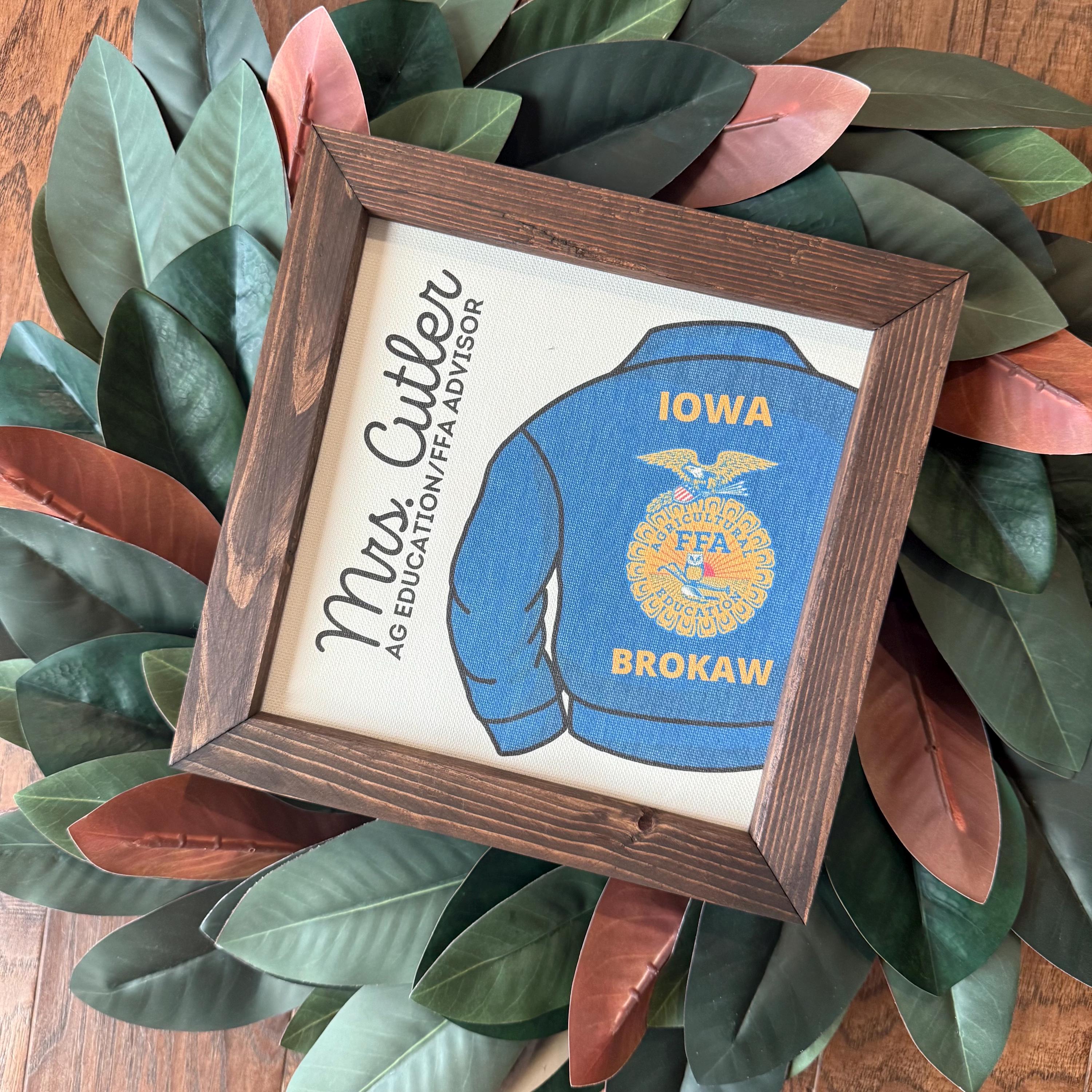 FFA Advisor Gift | Reclaimed Wood Frame | Custom Canvas Print | Teacher Appreciation | Personalized Blue Jacket | Official Dress |Affinity Licensed | 9.25"x9.25"d